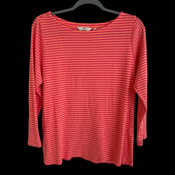 Vineyard Vines Womens XL Pink Stripe Boatneck Cotton Long Sleeve Top Tee Orange - Picture 1 of 4